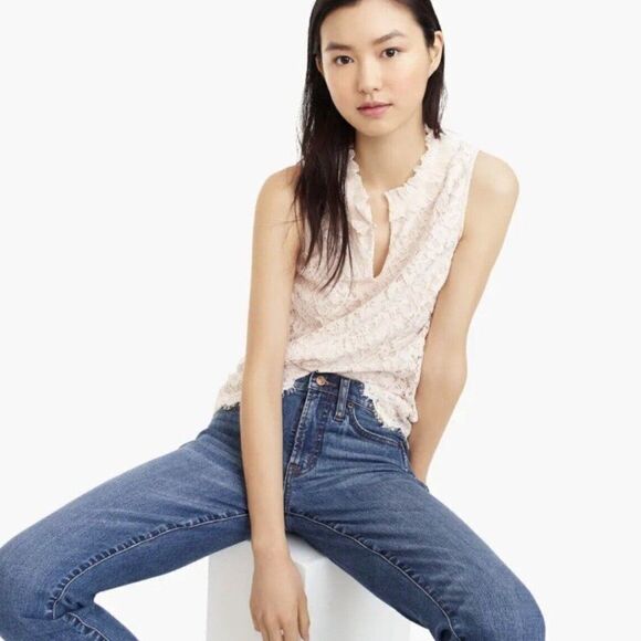 J. Crew Small Tall Cream Ivory Beige Lace Ruffle Neck Sleeveless Keyhole Top New - Picture 2 of 16